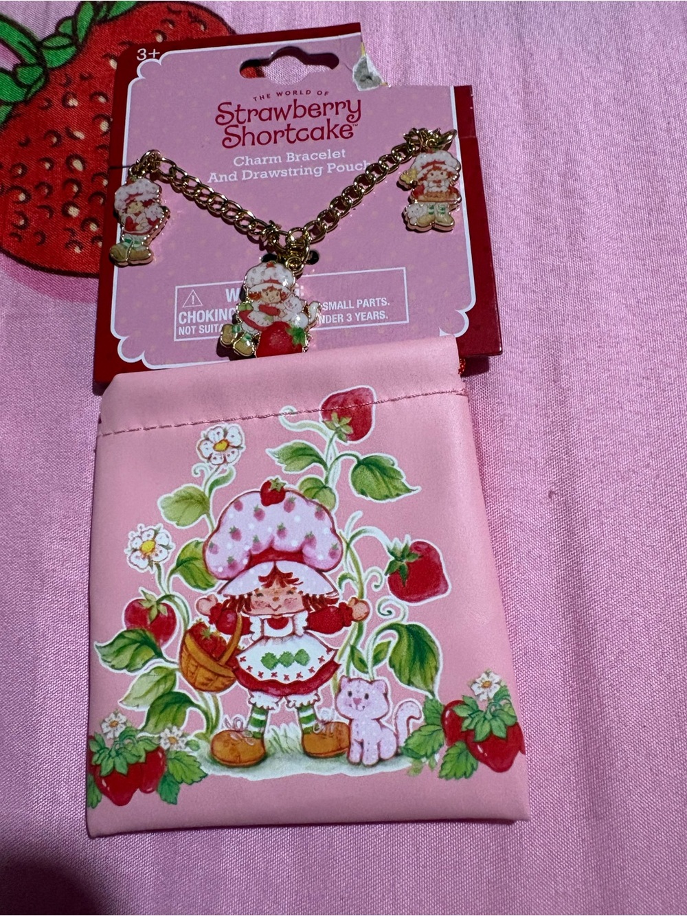 Strawberry Shortcake Pink Charm Bracelet with Drawstring Pouch
